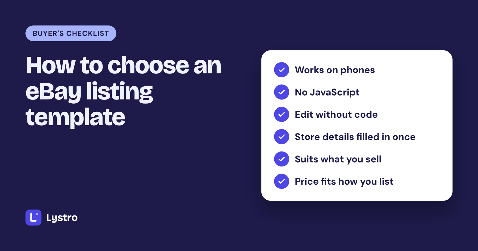 Checklist for choosing an eBay listing template: works on phones, no JavaScript, edit without code